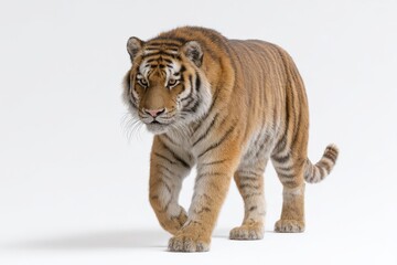 Striking Siberian tiger in a studio setting, showcasing its powerful gait and majestic fur.