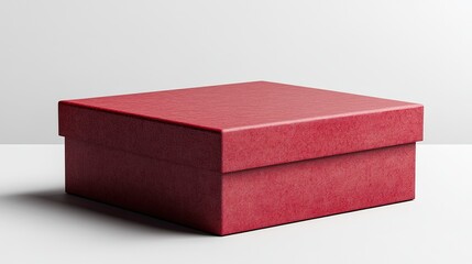 A textured red box with a lid sitting on a white surface in a studio lighting setup for product shot