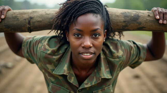 African American woman participates in strenuous military log carrying exercise. Focus on strength, determination, endurance. Woman in camouflage uniform role model, inspiring people to challenge