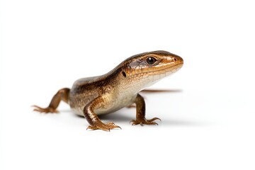 Naklejka premium Close-up of a brown and tan skink lizard on a white background.
