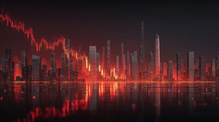 An illuminated red stock market graph plunging into a sleek and advanced urban landscape reflecting the interconnectedness of financial markets and technological innovation