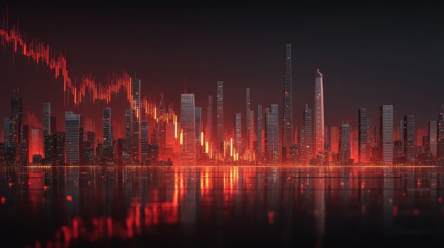 An illuminated red stock market graph plunging into a sleek and advanced urban landscape reflecting the interconnectedness of financial markets and technological innovation - Powered by Adobe
