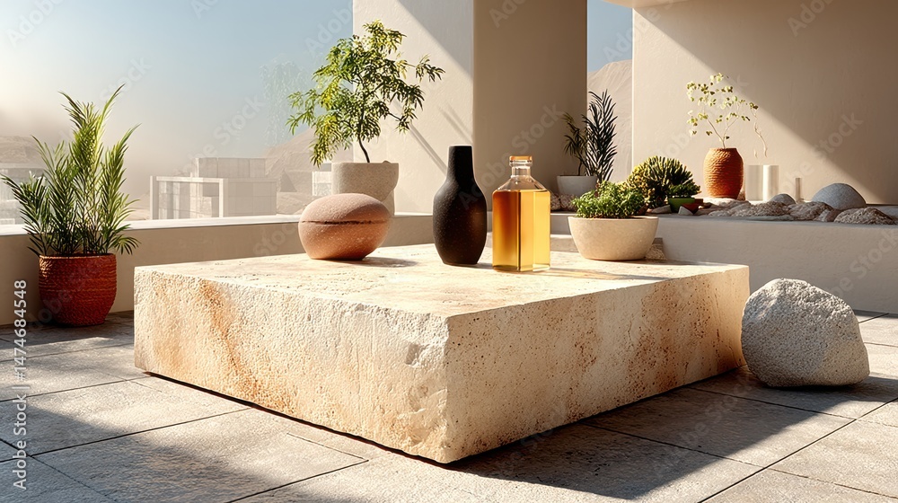 Aufkleber stone platform for product showcase beige empty platform mock up generative ai.stock image