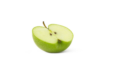 Slice of green apple isolated. Halved Granny Smith apple isolated on white background.