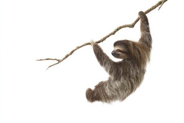 Obraz premium A brown sloth hangs from a tree branch against a white background.