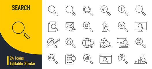 Search web icons in line style. Magnify glass, web search, find document, interface, collection. Vector illustration.