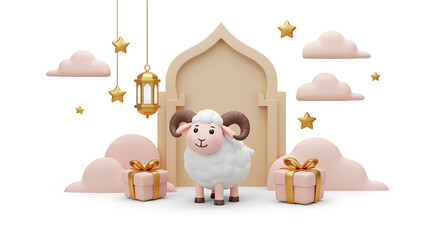 Naklejka premium Cute 3D ram illustration with festive decorations and gifts, suitable for Eid al-Adha greetings and holiday social media posts