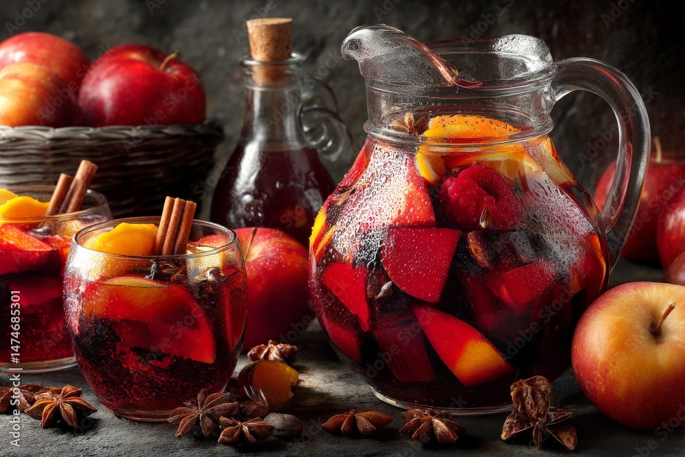 Poster refreshing fruit punch served in a glass with a pitcher and fresh apples on a dark wooden surface
