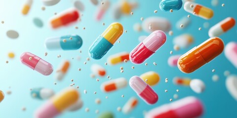 Colorful capsules and pills floating in a bright background during a health and wellness concept