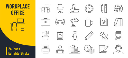 Office and Workplace web icons in line style. Employe, conference, project, document, business, work, support, contact us, productivity strategy, collection. Vector illustration.