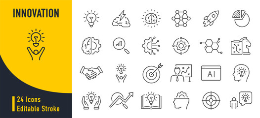 Innovation web icons in line style. Creativity, Finding solution, Brainstorming, technology, teamwork, Inspiration, Creative thinking, Brain. Vector illustration.