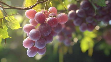 Sun-Kissed Grape Cluster: A close-up of a succulent cluster of ripe grapes, glistening with sunlight, hanging from the vine, symbolizing abundance and the essence of summer's bounty.