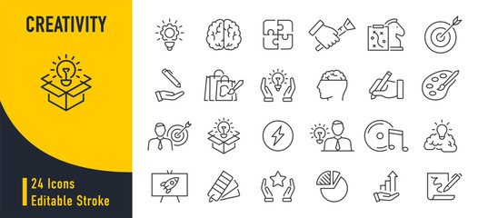Creativity web icons in line style. Creativity, Finding solution, Brainstorming, technology, teamwork, Inspiration, Creative thinking, Brain. Vector illustration.
