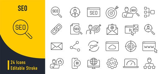 SEO web icons in line style. Contact, target, business and marketing, traffic, ranking, optimization, website collection. Vector illustration.