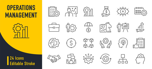 Operations management web icons in line style. Logistics, business process, maintenance, supply chain, improvement, planning, collection. Vector illustration.