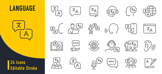 Language web icon set in line style. Language translation, linguistics, speaking, dictionary, listening skills, writing, translate, collection. Vector illustration.