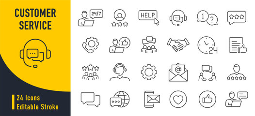 Customer service web icon set in line style. Support, help, online, feedback, assistance, collection. Vector illustration.