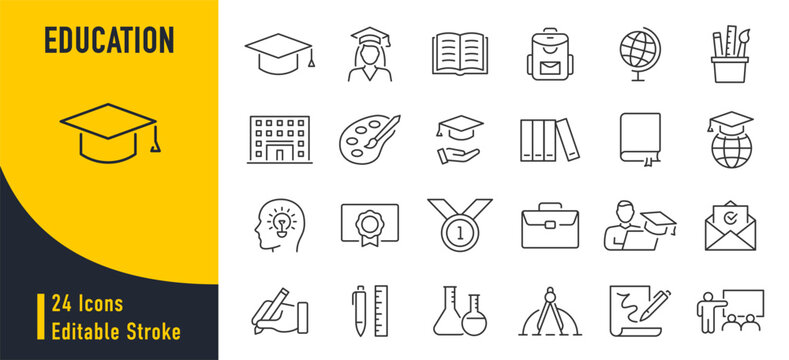 Education web icons in line style. School, university, success, academic, textbook, distance learning, collection. Vector illustration.