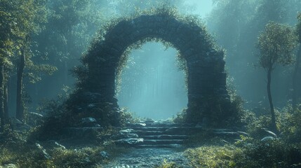 A stone archway covered in moss leading to a bright light in a misty and mysterious forest scene