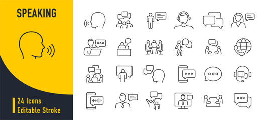 Speaking web icon in line style. Chat, speech bubble, talking, point, chat, support, message, phone, globe, call, info collection. Vector illustration.