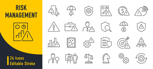 Risk Management web icon set in line style. Risk analysis, risk investment, minimizing losses, plan, low cost, collection. Vector illustration.