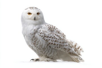 Fototapeta premium Majestic snowy owl perched on snow, captivating gaze.