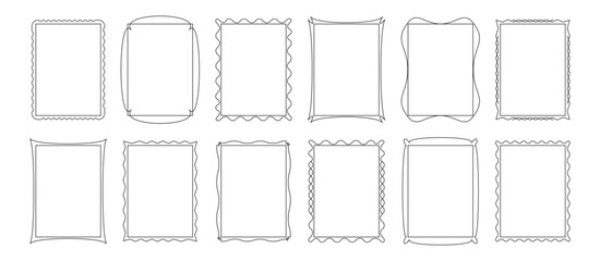 Frame thin line, simple border icon, rectangle shape vintage box, minimal black decoration element editable stroke. Geometry retro outline banner set isolated on white bg. Classic vector illustration