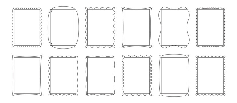 Frame thin line, simple border icon, rectangle shape vintage box, minimal black decoration element editable stroke. Geometry retro outline banner set isolated on white bg. Classic vector illustration