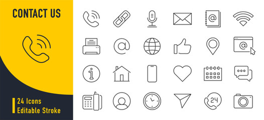 Contact Us web icons in line style. Web and mobile icon. Chat, point, chat, support, message, phone, globe, call, info collection. Vector illustration.