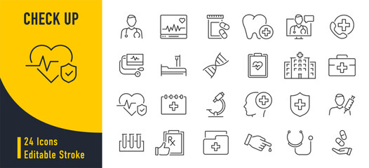 Fototapeta na wymiar Medical Сheck up web icons in line style. Medicine, medical card, RX, doctor, virus, testing, lab, infographic collection. Vector illustration.
