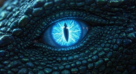 Fototapeta premium Intense blue dragon eye with scale details. The striking blue eye glows with inner power, set against a dark, textured hide.
