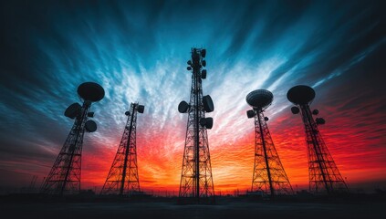 Communication Tower at Colorful Sunset Landscape