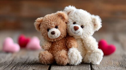 Obraz premium Two teddy bears cuddle on wood planks with blurred heart shapes in background