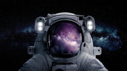 Astronaut in space with stars, a galaxy, a purple and blue nebula, and galaxies reflected in his helmet