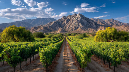 Naklejka premium Vineyard rows lead to majestic mountain, bathed in golden sunlight. Serene view