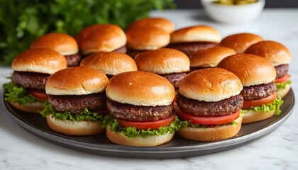 Fresh Mini Burgers with Lettuce and Tomato on Serving Tray