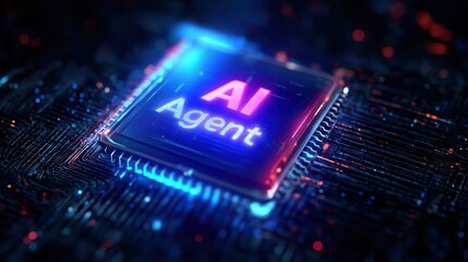 3D neon-lit text "AI Agent" glowing with vibrant blue and red illumination effects, floating above a dark abstract background featuring circular light patterns and geometric particles. High-resolution
