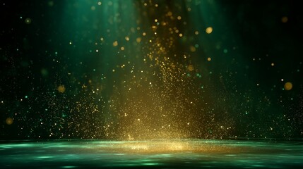 Award party stage green stage glitter animation. stars, lights and particles. Luxury gold light star