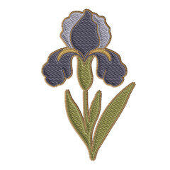 elegant garden iris flower in purple and green, digital clipart in embroidery style. Decorative floral motif for spring-summer themed design 