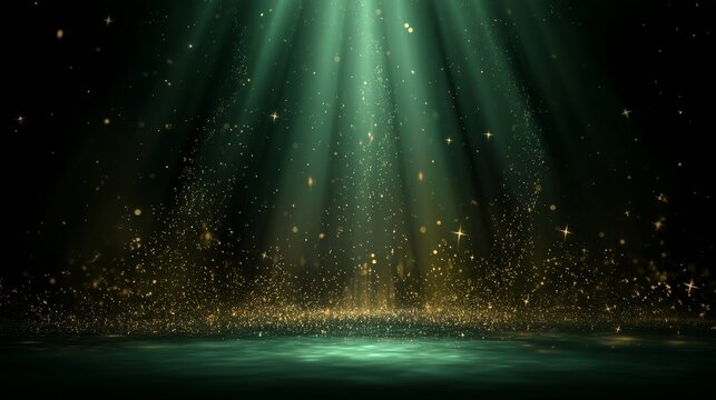 Award party stage green stage glitter animation. stars, lights and particles. Luxury gold light star