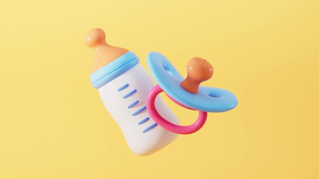 Baby feeding bottle and baby soother, baby products, 3d rendering.
