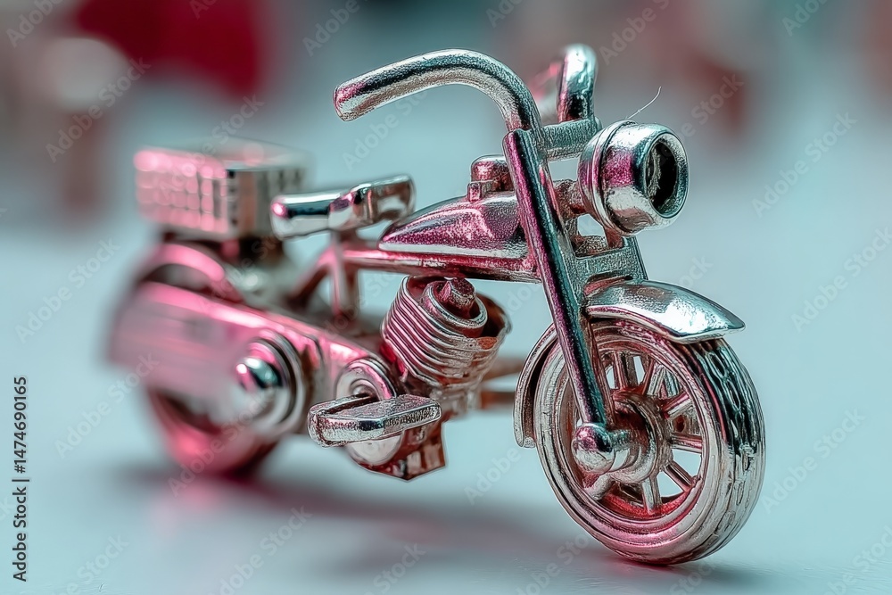 Aufkleber silver miniature motorcycle sits on a soft surface surrounded by a bokeh background during a creativ