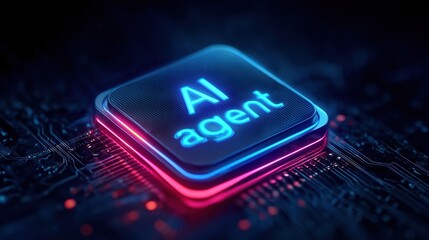 3D neon-lit text "AI Agent" glowing with vibrant blue and red illumination effects, floating above a dark abstract background featuring circular light patterns and geometric particles. High-resolution