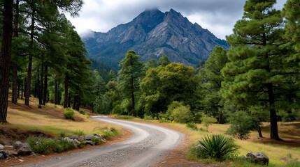 Winding road through forest leads to a majestic, rugged mountain under cloudy skies