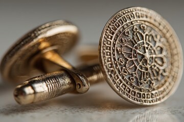 Obraz premium Elegant gold cufflinks with intricate designs captured on a polished surface