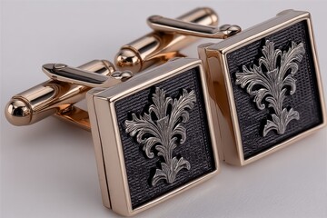 Elegant cufflinks featuring a floral design with a metallic finish suitable for formal occasions or business wear
