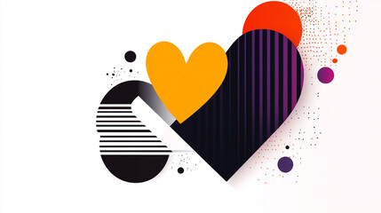 Abstract background with geometric shapes, a heart, and simple, minimal design elements in white, black, orange, and purple colors on an isolated white backdrop.