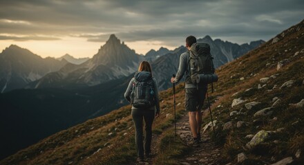 Fototapeta premium Couple Hiking Mountain Trail at Sunset