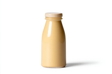 Creamy beige beverage in a glass bottle against a white background.