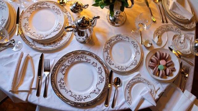 Porcelain dishes arranged in precise layout reflect timeless porcelain style, porcelain shine enhanced by silver cutlery, fresh flowers and dessert complete luxurious tea ambiance.
